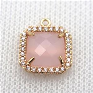 copper square pendant pave zircon with lt.pink crystal glass, gold plated, approx 14x14mm