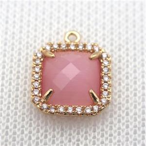 copper square pendant pave zircon with pink crystal glass, gold plated, approx 14x14mm