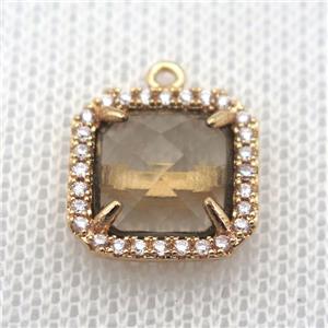 copper square pendant pave zircon with crystal glass, gold plated, approx 14x14mm