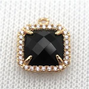 copper square pendant pave zircon with black crystal glass, gold plated, approx 14x14mm