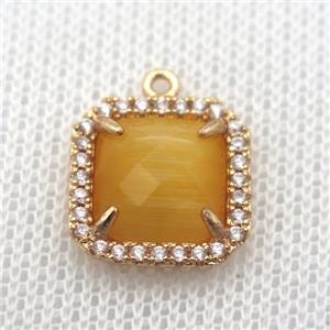 copper square pendant pave zircon with yellow crystal glass, gold plated, approx 14x14mm