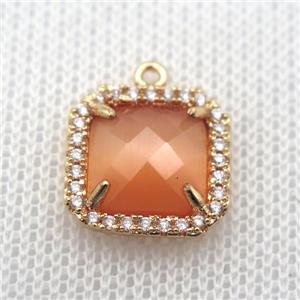 copper square pendant pave zircon with orange crystal glass, gold plated, approx 14x14mm