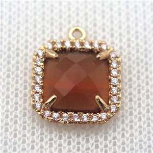 copper square pendant pave zircon with crystal glass, gold plated, approx 14x14mm