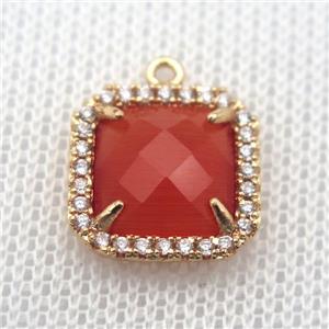 copper square pendant pave zircon with red crystal glass, gold plated, approx 14x14mm