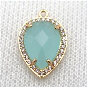copper teardrop pendant pave zircon with green crystal glass, gold plated, approx 13-18mm