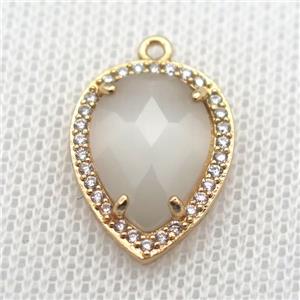copper teardrop pendant pave zircon with white crystal glass, gold plated, approx 13-18mm
