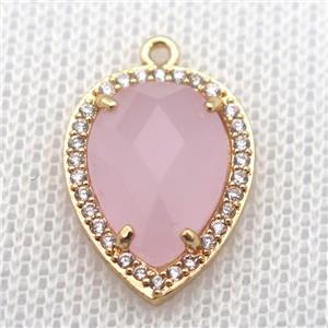 copper teardrop pendant pave zircon with pink crystal glass, gold plated, approx 13-18mm