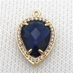 copper teardrop pendant pave zircon with deepblue crystal glass, gold plated, approx 13-18mm