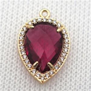 copper teardrop pendant pave zircon with redwine crystal glass, gold plated, approx 13-18mm