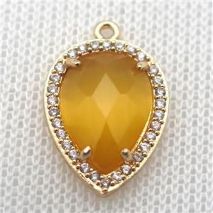 copper teardrop pendant pave zircon with yellow crystal glass, gold plated, approx 13-18mm