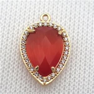 copper teardrop pendant pave zircon with red crystal glass, gold plated, approx 13-18mm