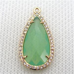 copper teardrop pendant pave zircon with green crystal glass, gold plated, approx 18-25mm