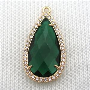copper teardrop pendant pave zircon with deepgreen crystal glass, gold plated, approx 18-25mm