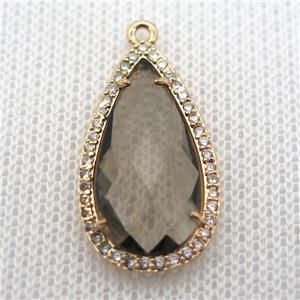 copper teardrop pendant pave zircon with gray crystal glass, gold plated, approx 18-25mm