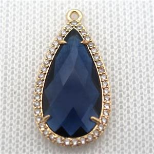copper teardrop pendant pave zircon with blue crystal glass, gold plated, approx 18-25mm