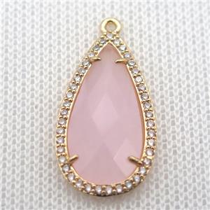 copper teardrop pendant pave zircon with pink crystal glass, gold plated, approx 18-25mm