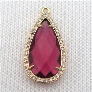 copper teardrop pendant pave zircon with redwine crystal glass, gold plated, approx 18-25mm