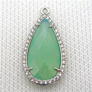 copper teardrop pendant pave zircon with green crystal glass, platinum plated, approx 18-25mm