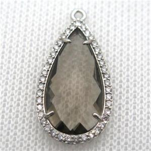 copper teardrop pendant pave zircon with gray crystal glass, platinum plated, approx 18-25mm