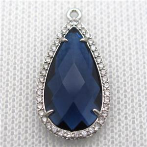 copper teardrop pendant pave zircon with deepblue crystal glass, platinum plated, approx 18-25mm