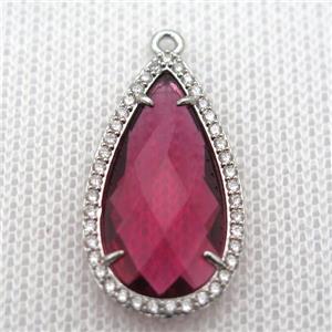 copper teardrop pendant pave zircon with redwine crystal glass, platinum plated, approx 18-25mm