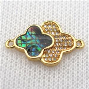 copper clover connector paved zircon with abalone shell, gold plated, approx 14-17mm
