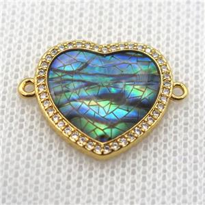 copper heart connector paved zircon with abalone shell, gold plated, approx 18mm dia