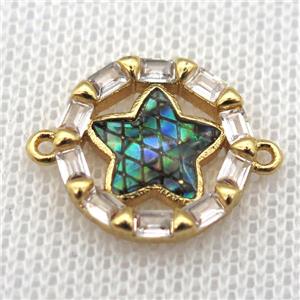 copper circle connector paved zircon with star abalone shell, gold plated, approx 15mm dia