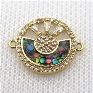 copper circle connector paved zircon with abalone shell, gold plated, approx 16mm dia