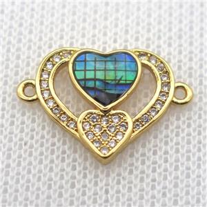 copper heart connector paved zircon with abalone shell, gold plated, approx 15-17mm