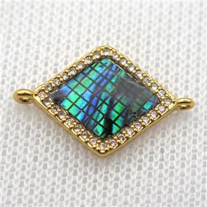 copper rhombus connector paved zircon with abalone shell, gold plated, approx 15-17mm