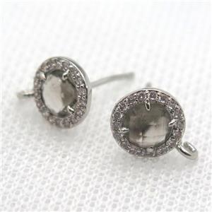copper stud Earrings pave zircon with crystal glass, platinum plated, approx 9mm dia