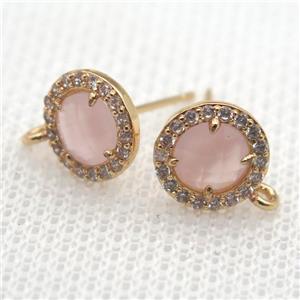 copper stud Earrings pave zircon with pink crystal glass, circle, gold plated, approx 9mm dia