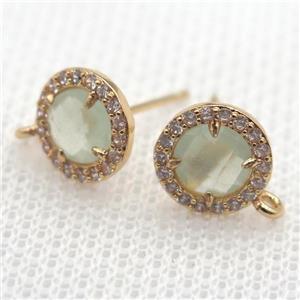 copper circle stud Earrings pave zircon with lt.green crystal glass, gold plated, approx 9mm dia
