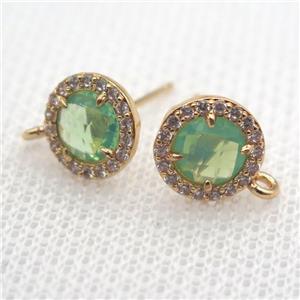 copper circle stud Earrings pave zircon with green crystal glass, gold plated, approx 9mm dia