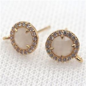 copper circle stud Earrings pave zircon with white crystal glass, gold plated, approx 9mm dia