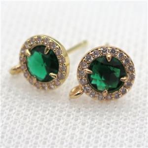 copper circle stud Earrings pave zircon with emerald crystal glass, gold plated, approx 9mm dia