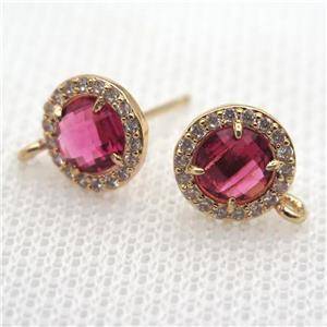 copper circle stud Earrings pave zircon with redwine crystal glass, gold plated, approx 9mm dia