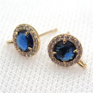 copper circle stud Earrings pave zircon with blue crystal glass, gold plated, approx 9mm dia