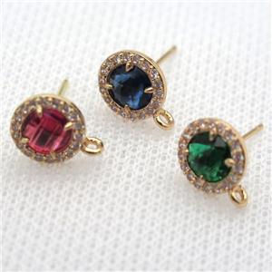 copper circle stud Earrings pave zircon with crystal glass, mixed color, gold plated, approx 9mm dia