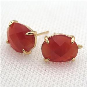 copper stud Earrings with red crystal glass, gold plated, approx 10-12mm