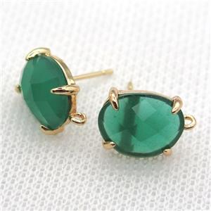 copper stud Earrings with green crystal glass, gold plated, approx 10-12mm