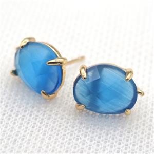 copper stud Earrings with blue crystal glass, gold plated, approx 10-12mm
