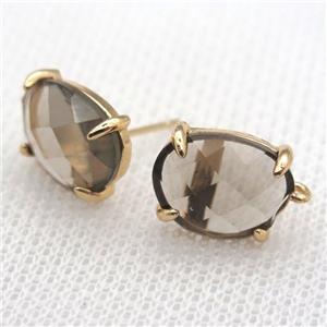 copper stud Earrings with gray crystal glass, gold plated, approx 10-12mm