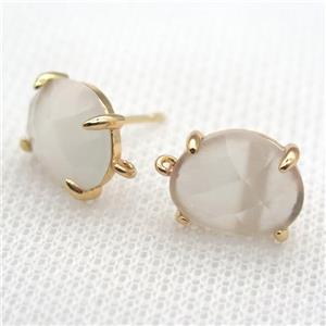 copper stud Earrings with white crystal glass, gold plated, approx 10-12mm