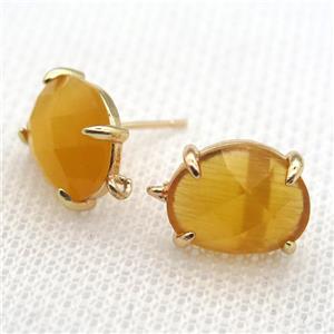 copper stud Earrings with yellow crystal glass, gold plated, approx 10-12mm