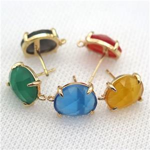 copper stud Earrings with crystal glass, mixed color, gold plated, approx 10-12mm