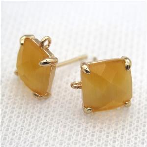 copper square stud Earrings with yellow crystal glass, gold plated, approx 9x9mm