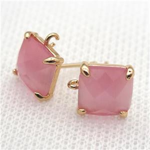 copper square stud Earrings with pink crystal glass, gold plated, approx 9x9mm