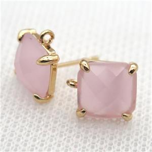copper square stud Earrings with lt.pink crystal glass, gold plated, approx 9x9mm